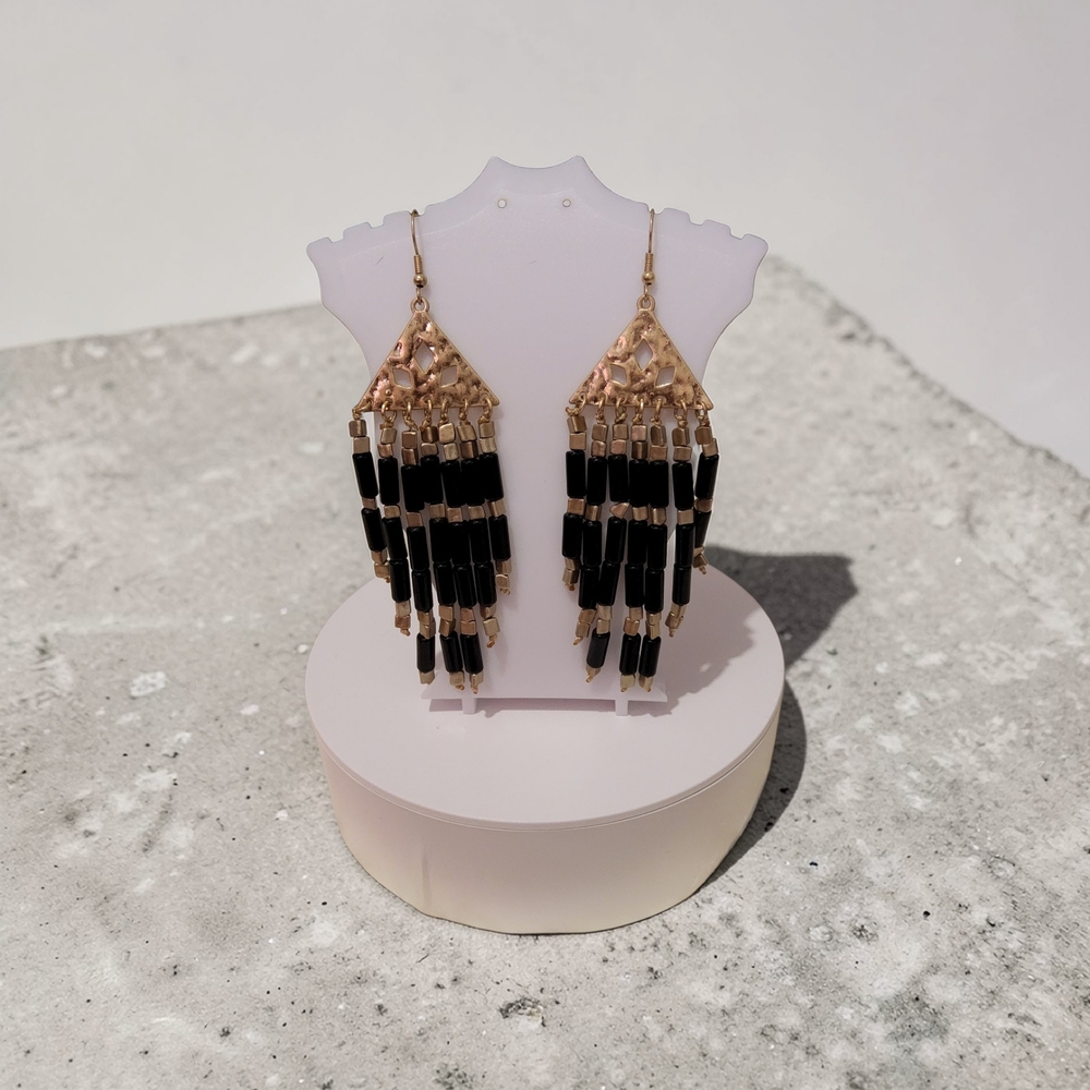10/ $10 Plunder Gold and Black Beaded Fringe Drop Earrings - Women Jewelry
